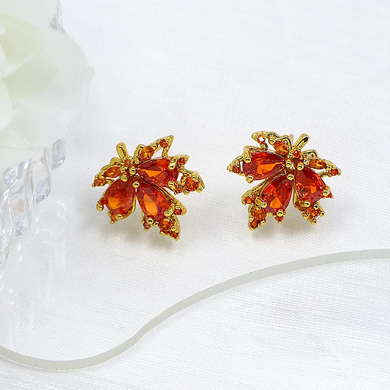 Red Maple Leaf Gemstone Necklace Earrings Fashionable, Exquisite, Elegant and Stylish Charm Earrings view 4