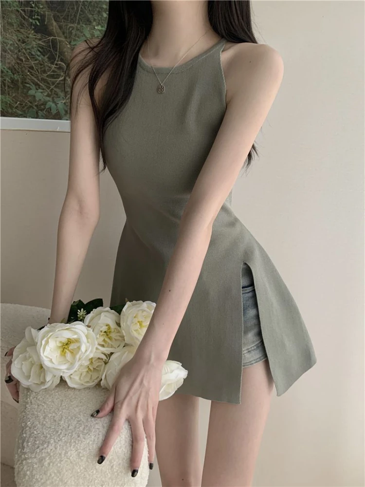 Camisole Women Solid Side Splits Simple Leisure All-match Minimalist Prevalent Korean Style Basics Romantic Summer Elegant Cute