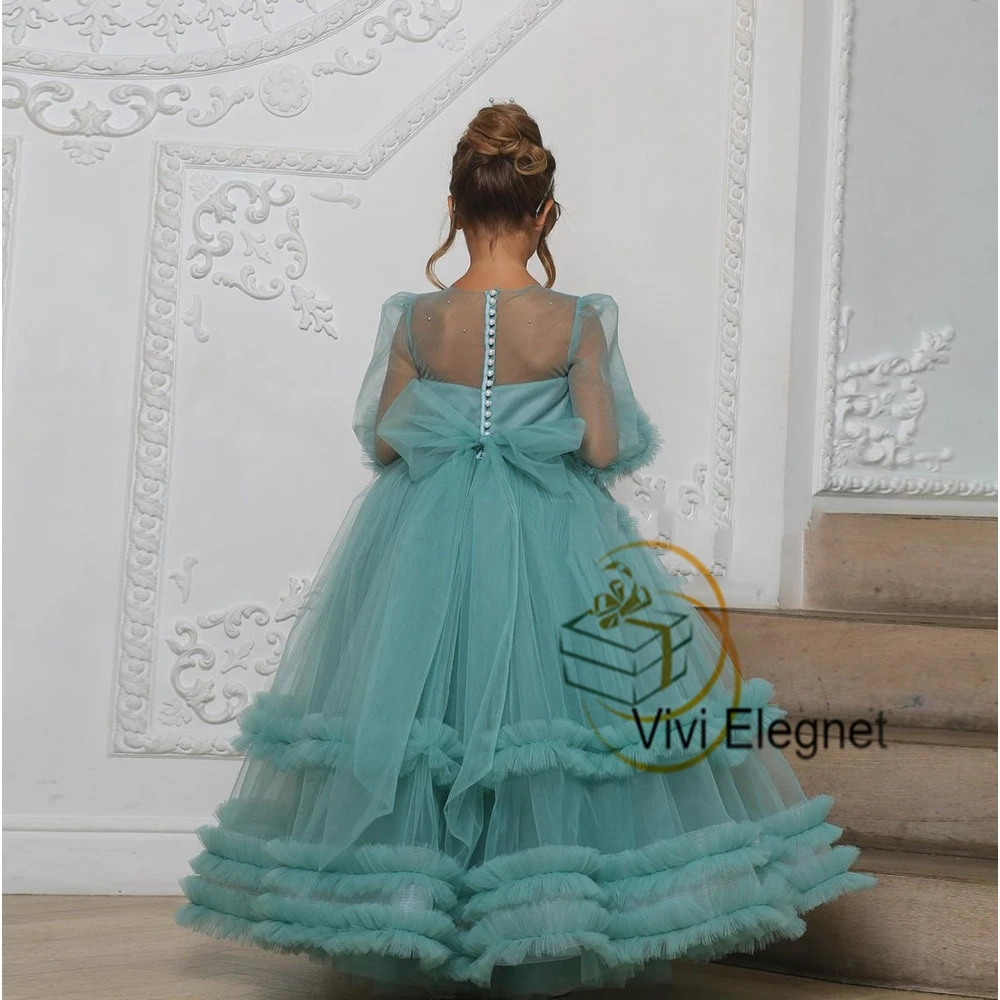 Green Full Sleeve Flower Girl Dresses for Communion Summer Scoop Floor Length Soft Tulle Wedding Party Gowns فساتين اطفال للعيد