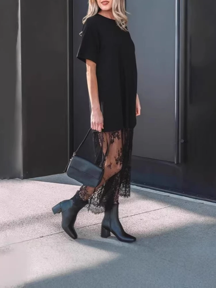 

Women Spring Summer Sexy Lace Patchwork Long Dress Solid Color Elegant Short Sleeve O-neck Loose Casual Club Party Dress