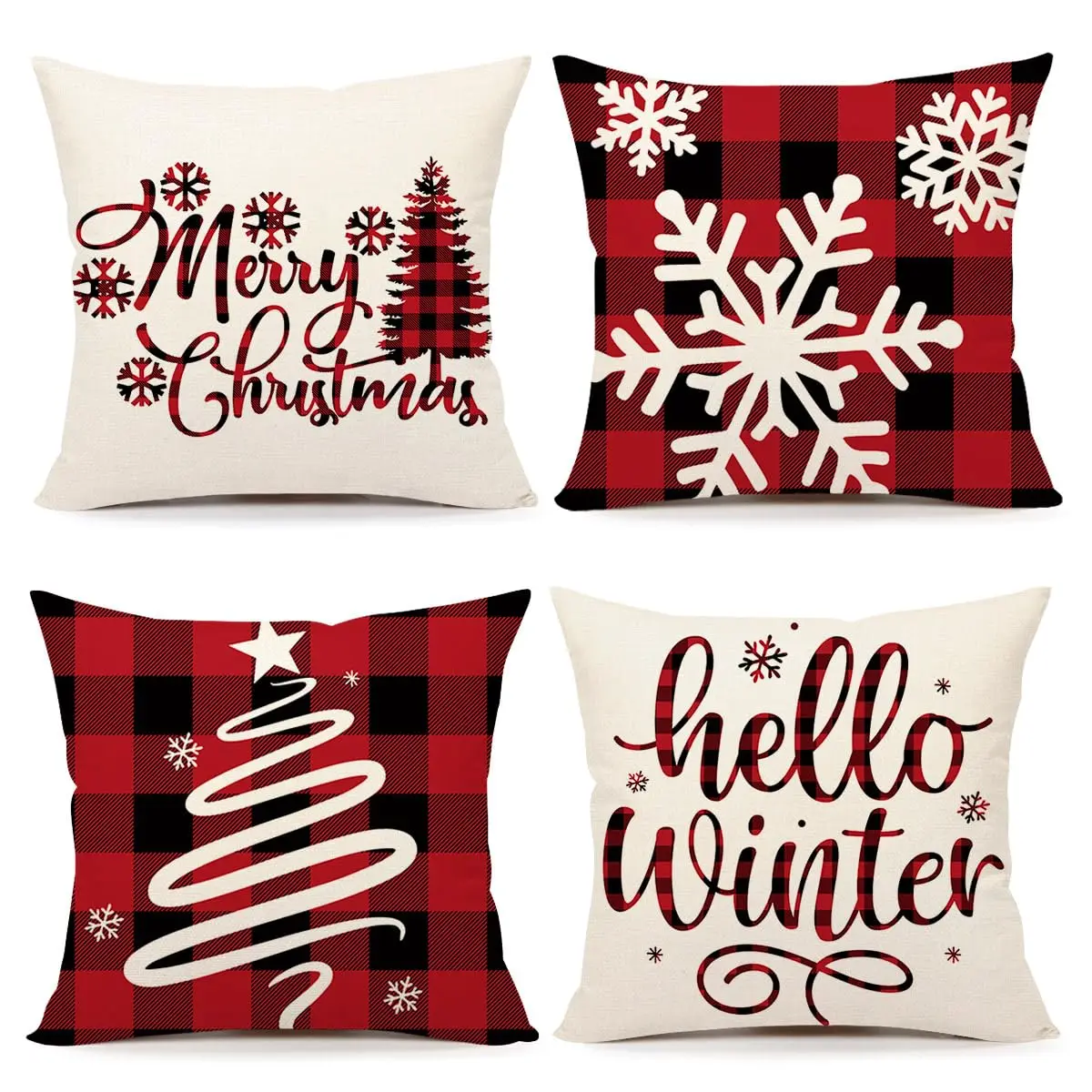 

Buffalo Check Christmas Pillow Covers Set of 4 Red Black Farmhouse Xmas Decor Snowflake Tree Winter Holiday Throw Cushion Case