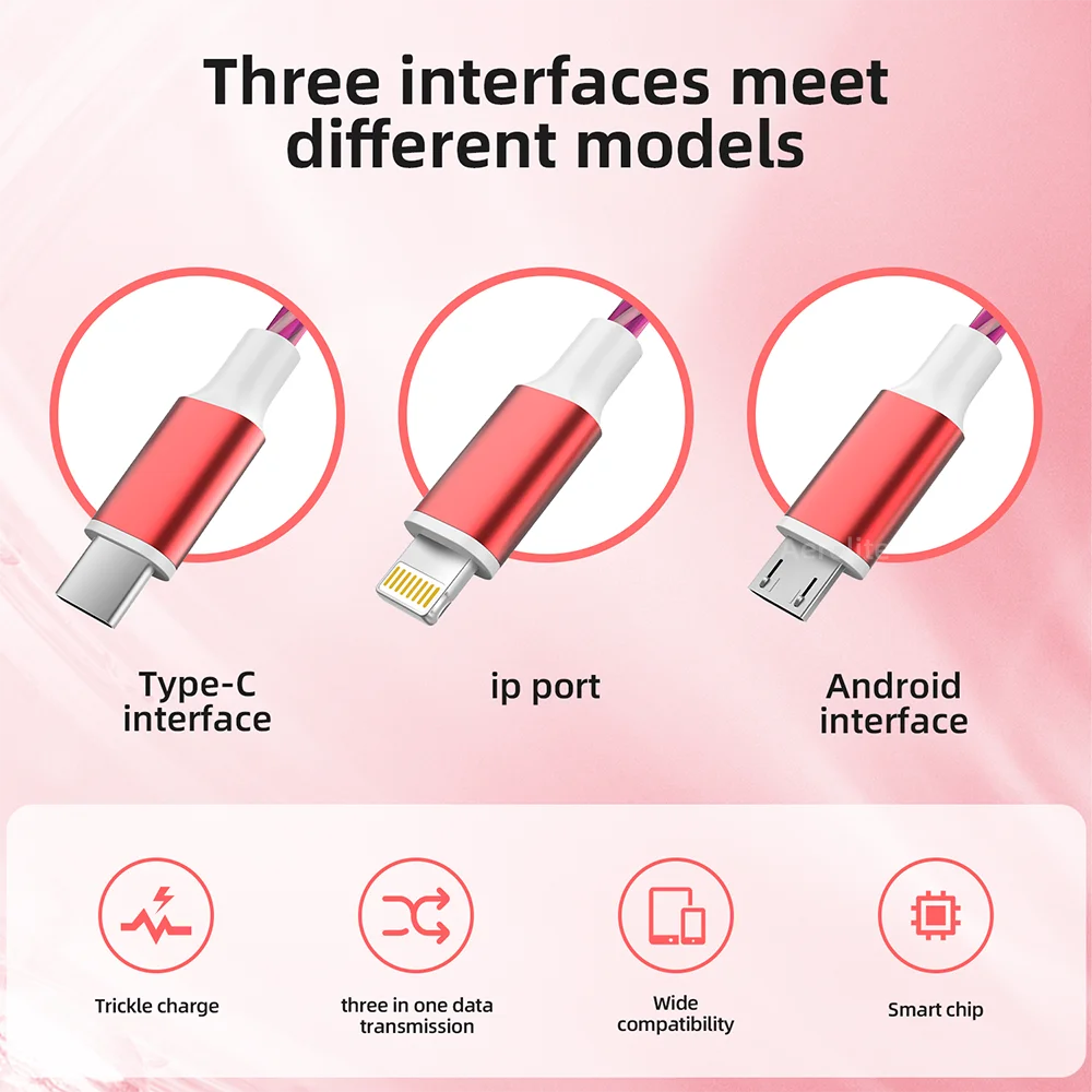 Cable de carga de teléfono con luz LED de flujo Universal multi USB 3 en 1, con interfaz para conector de cargador Micro USB Apple + tipo C +