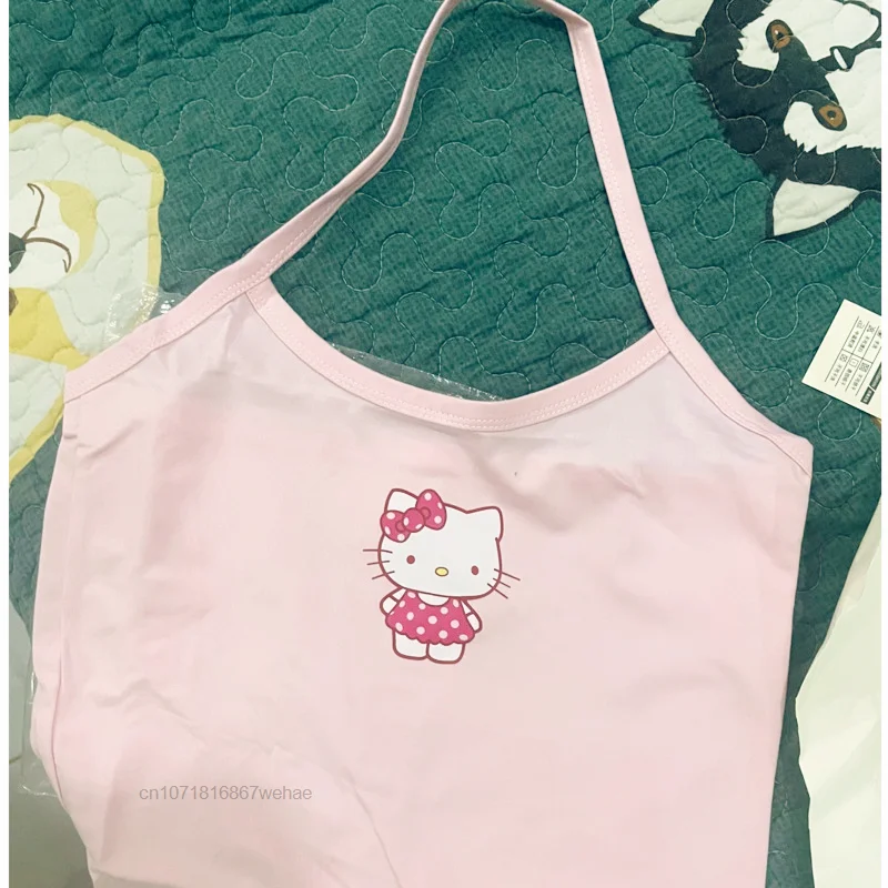 Sanrio Hello Kitty Sweet Crop Tops Women Short Top Y2k Slim Tank Top Summer Camisole Sexy Girl Strap Student T-shirt Clothes