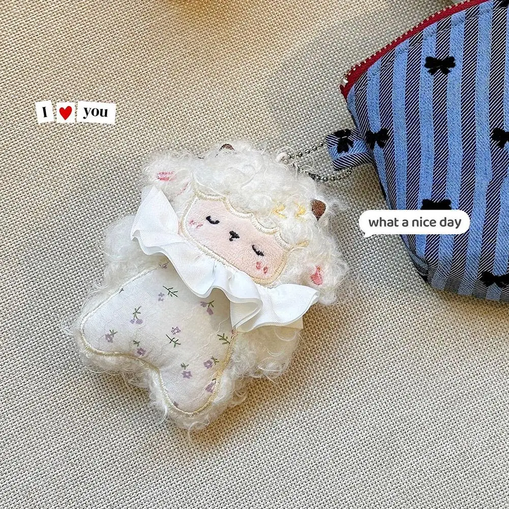 Kawaii Plush Sheep Keychain Floral Lamb Doll Sleeping Stuffed Animal Bag Charm Ruffle Collar Backpack Pendant Cute Girl Gifts
