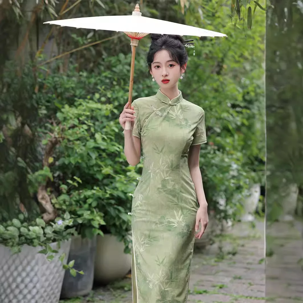 Elegant Stand Collar Green Bamboo Leaf Printed Long Cheongsam Dresses Women's Clothing Summer High Quality Short Sleeve Dress