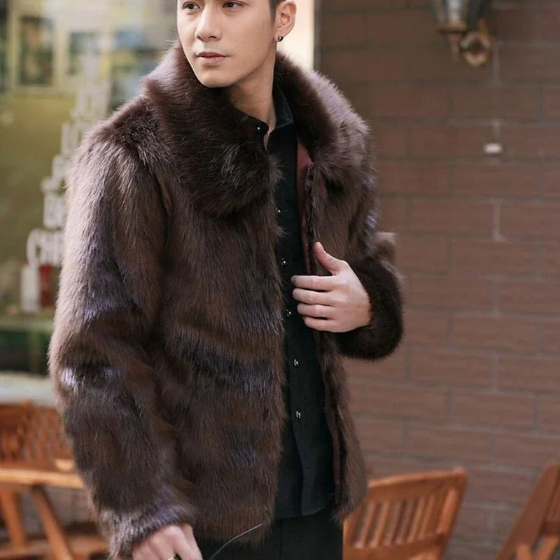 Men's Winter Warm Jacket Fashion Men's Faux Fur Jacket High-end Faux-fox Mink Fur Leather Jacket with Lapel Collar