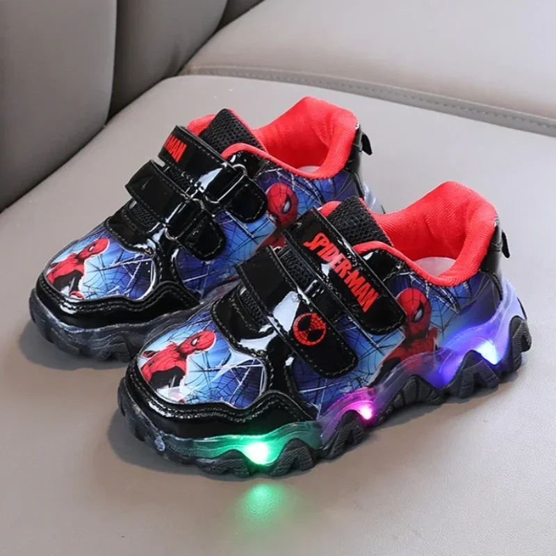 Disney Children\'s Sneakers Boys Spiderman Led Light Sport Shoes Student Shoes Hook Anti-slip Kids Outdoor Shoes Basket Shoes