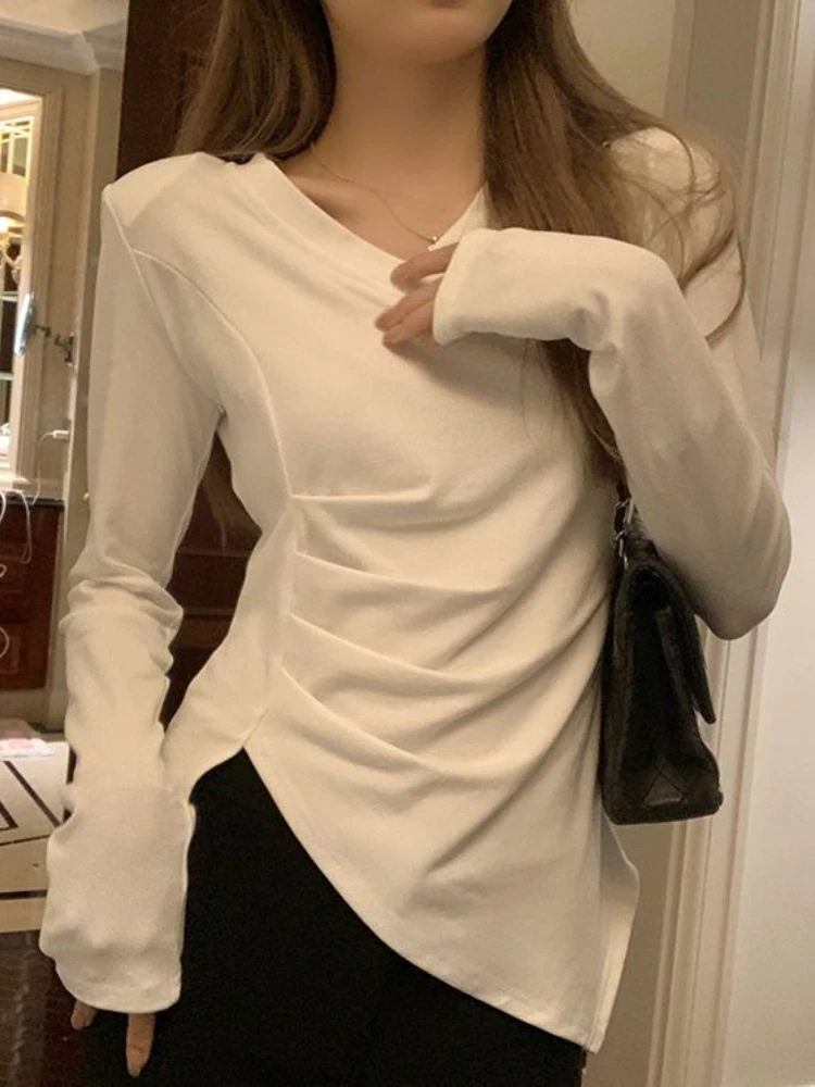 T-shirts Women Irregular Design Fashion Korean Style Leisure Long Sleeve All-match Simple Office Ladies Sexy Elegant Slim Tender