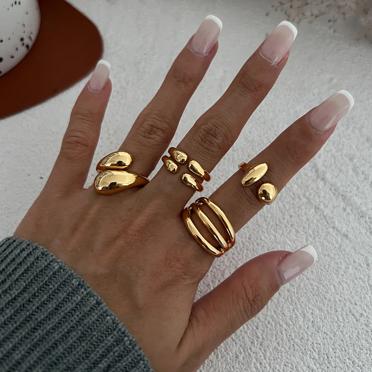 4Pcs/Set Minimalist Design Water Droplet Lines Knuckle Metal Rings Set for Women Punk Hip-Hop Open Mouth Ring Charm Jewelry