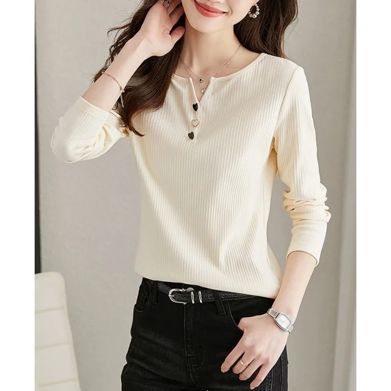 Spring and Autumn Women\'s Pullover V-neck Solid Rivet Screw Thread Long Sleeve T-shirt Underlay Fashion Casual Elegant Tops