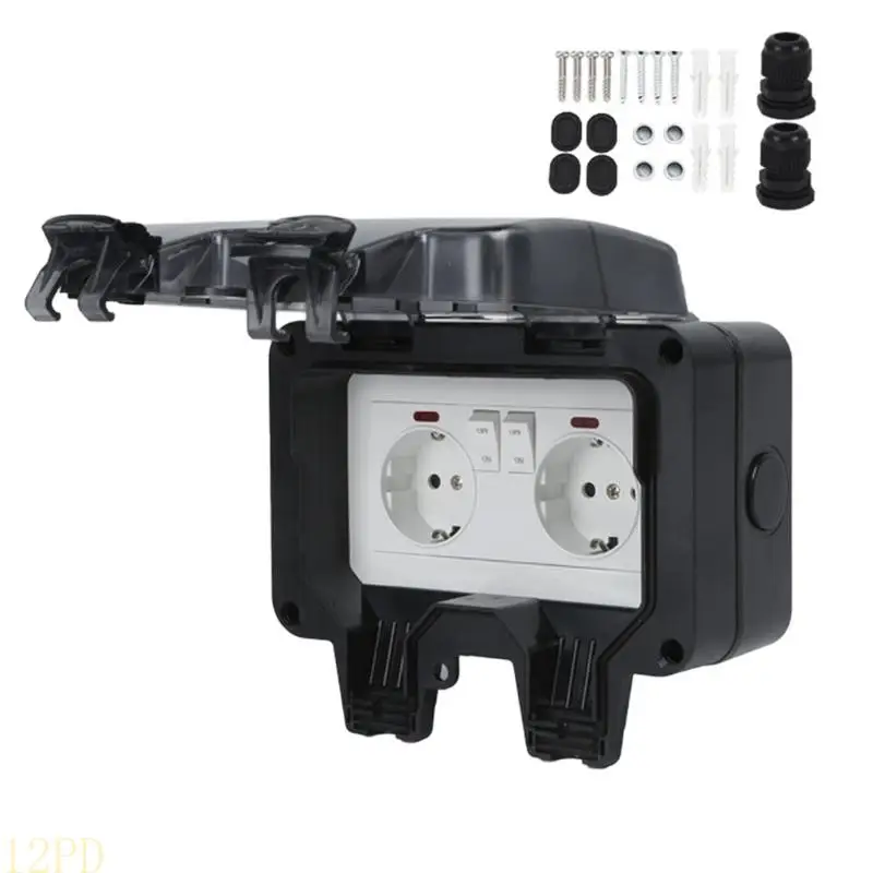 12PD Outdoor Waterproof European Double Socket Includes Switches Indicators Light