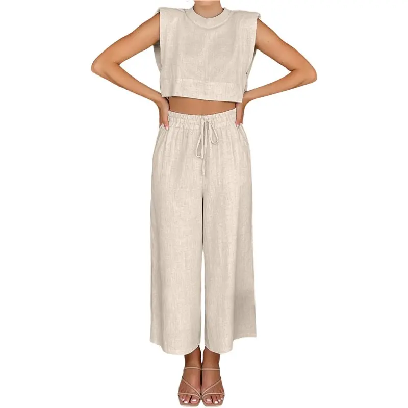 

CYL-Women's Two Piece Sets Casual Linen Sleeveless Crop Top Wide Leg Pants Summer Outfits
