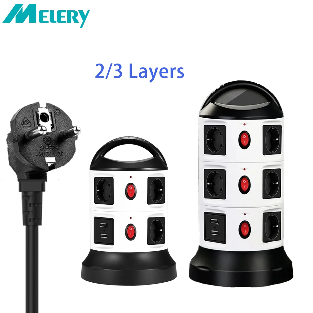 EU Plug 2/3 Layers Tower Power Strip Vertical Socket Surge Protector Outlets with USB Individual Switches 1.8m Cord Home Office