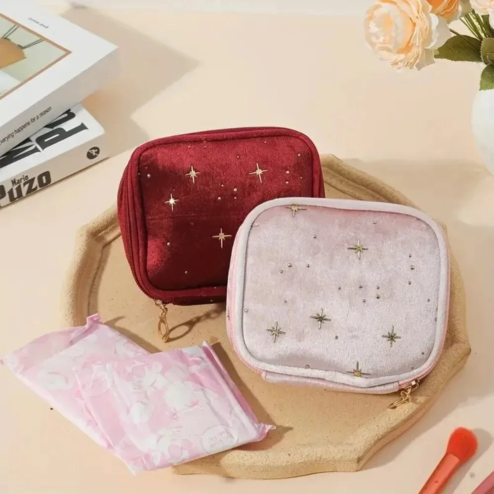 Multi-Use Portable Sparkling Star Makeup Bag Mini Size Square Shape Velvet Makeup Bag Women Sanitary Napkin Pad Pouch for Women