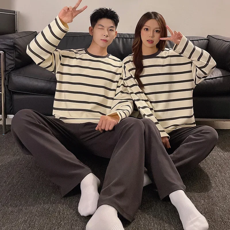 Couple Pajamas Set Cotton Autumn Long Sleeves Pants Home Suit Striped Lovers Sleepwear Comfortable Two-piece Female Pyjamas