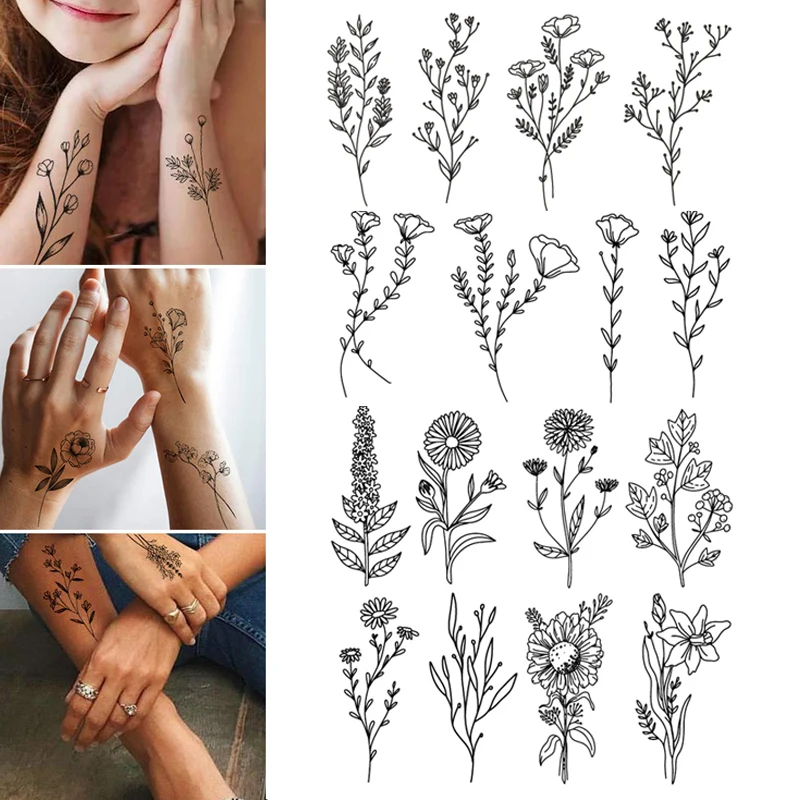 1 Sheet Tiny Branch Black Flower Temporary Tattoos For Women Men Girl Wild Plant Fake Tatoo Adults Face Hands Kids Kit Sticker