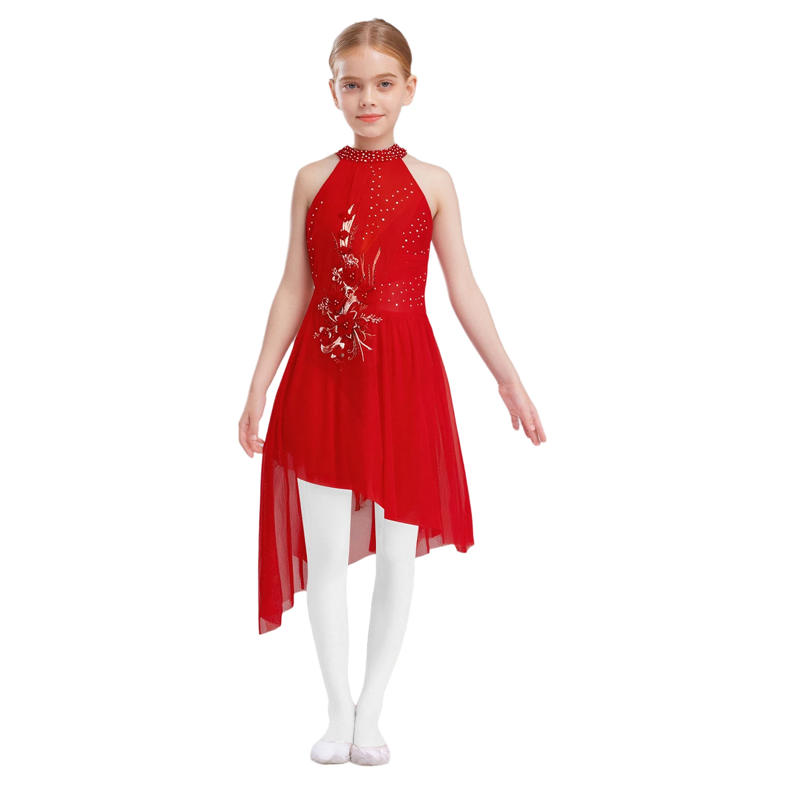 

Kids Girls Lyrical Dance Dress Shiny Rhinestones Applique Design Ballet Latin Dance Costume for Stage Ballroom Dance Performance