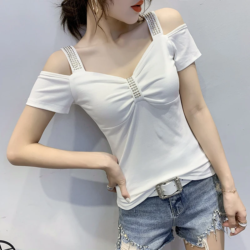 2023 New Summer European Clothes Cotton T-Shirt Chic Sexy V-Neck Off Shoulder Rivet Women Short Sleeve Tops All Match Tees 32276