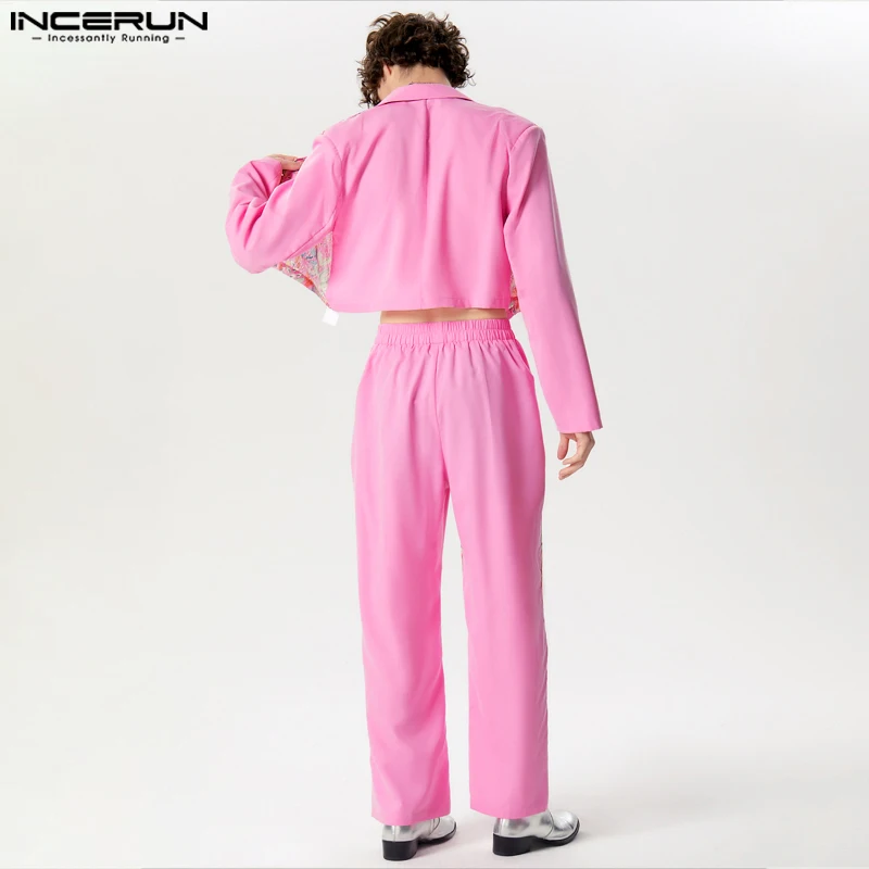 INCERUN-Ensemble blazer et pantalon en dentelle pour hommes, streetwear décontracté, revers à manches longues, impression patchwork, olympiques à la