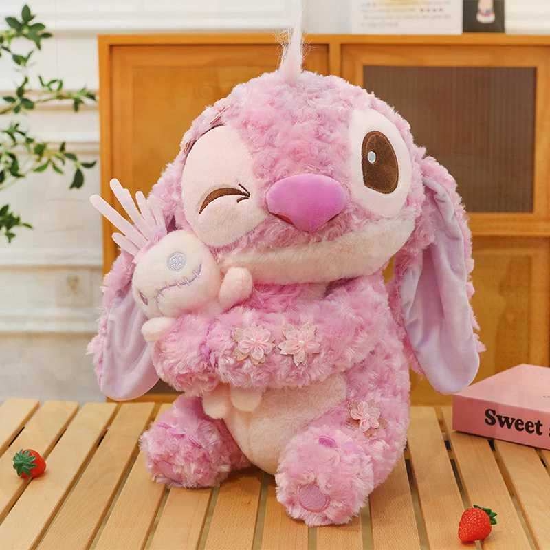 Hot New Disney Stitch Cherry Blossom Holding Golden Rose Plush Stuffed Animal Soft Cute Kawaii Pillow Doll Girls Birthday Gift