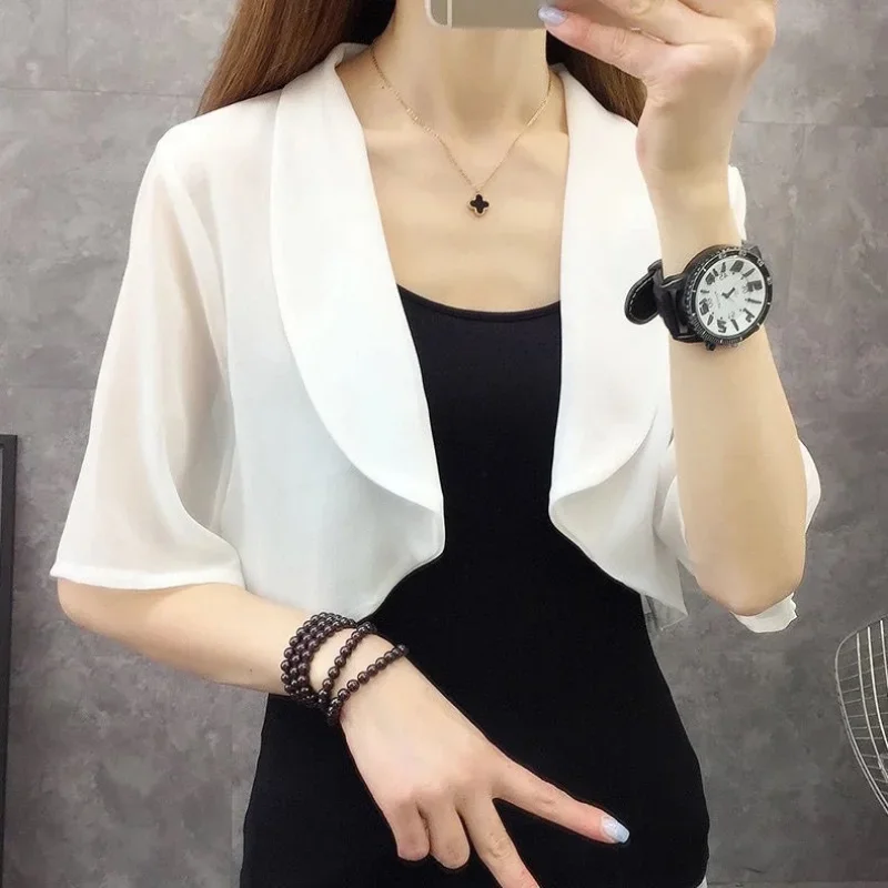 Crop Top Korean Fashion Cardigan Shawl Sunscreen Clothing Female Short Sleeve Waistcoat New Summer Short Top Women Clothing