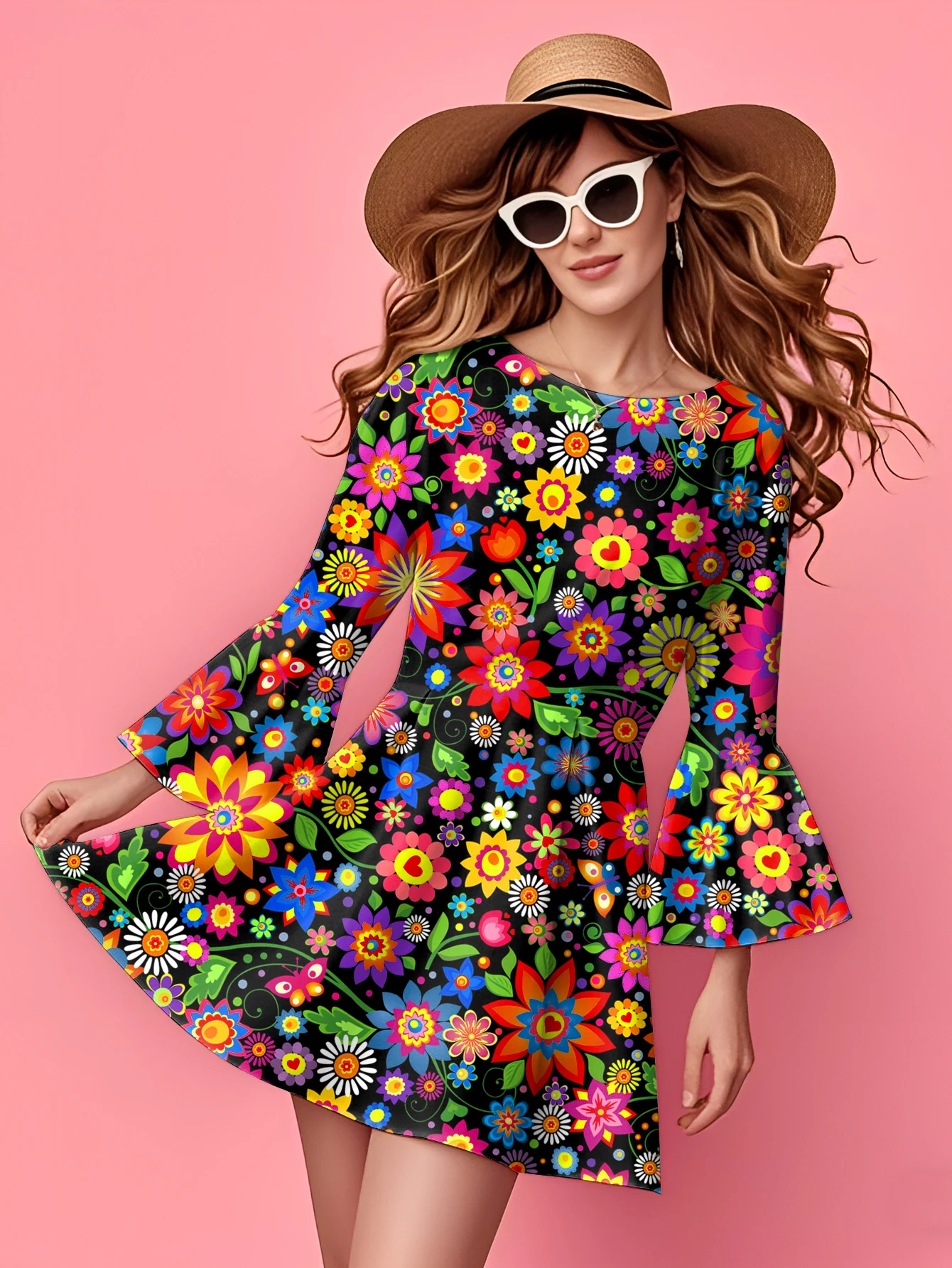 Neues Hippie-Kleid für Damen, lässig, modisch, sexy, trendig, elegant, Retro-Druck, böhmischer Stil, sexy Minikleid für Damen