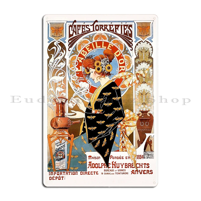 Art Nouveau coffee poster by Alphonse Mucha Café Jacqmotte 1896 Coffee by FERNAND TOUSSAINT Metal Kitchen Wall Tin Sign Poster