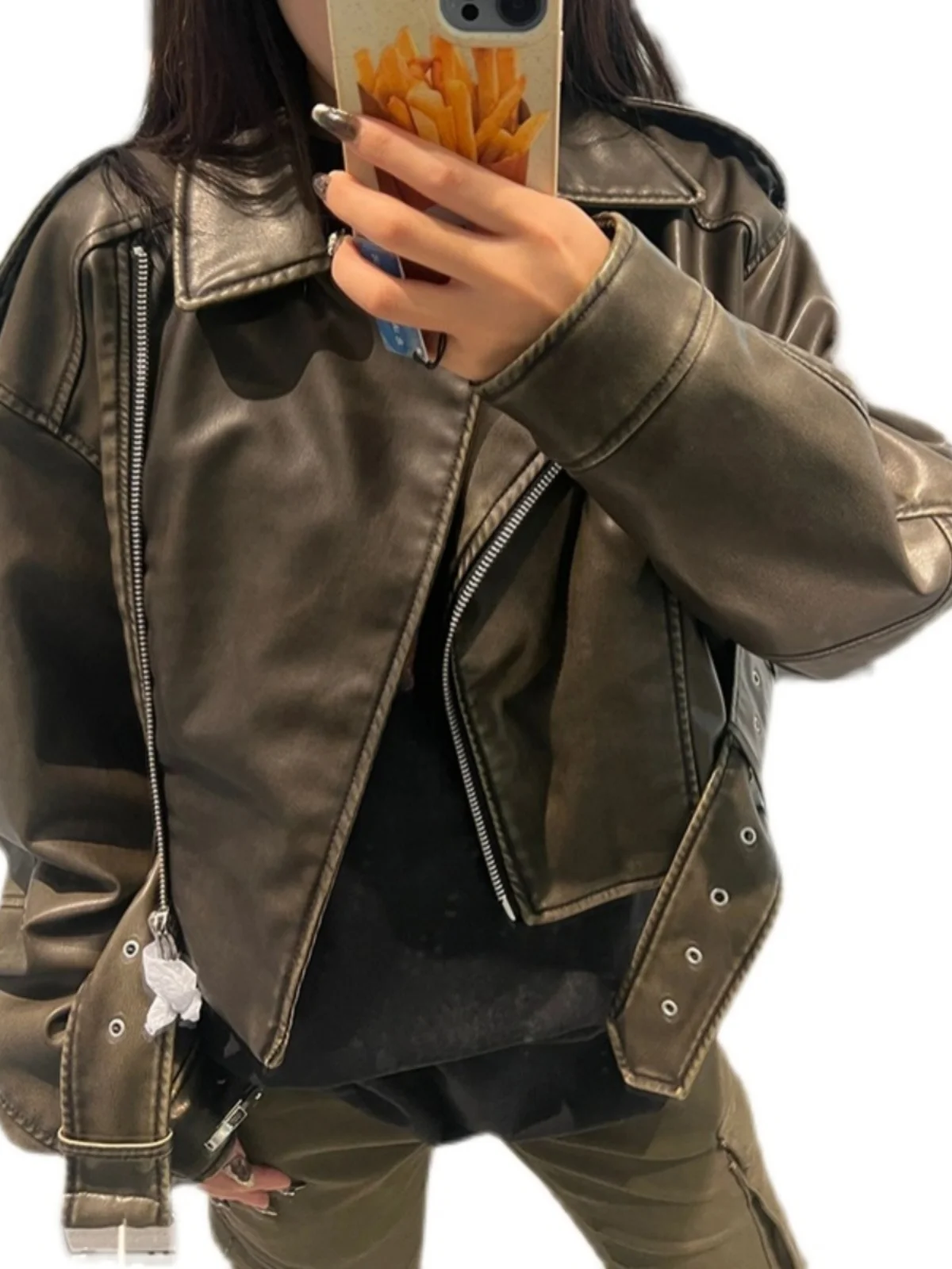 Bla ort Moto Sle PU Pelle Jaet da donna Retro American 2023 Autunno Small Size Streetwear Cappotto lungo Sve