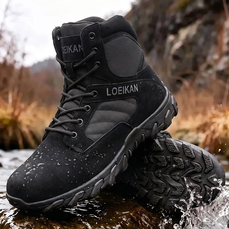 Men's Tactical Combat Boots Suede & Mesh Upper Lace‑up Anti‑slip Thick Sole Male High‑top Boots For Hiking Outdoor Activities