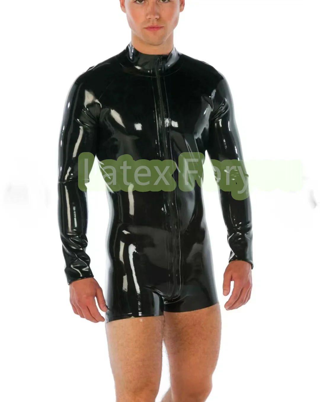 

100% Natural Latex Catsuit Sexy Rubber Long Sleeves w Front to Crotch Zipper High Neck Party Wear Customize