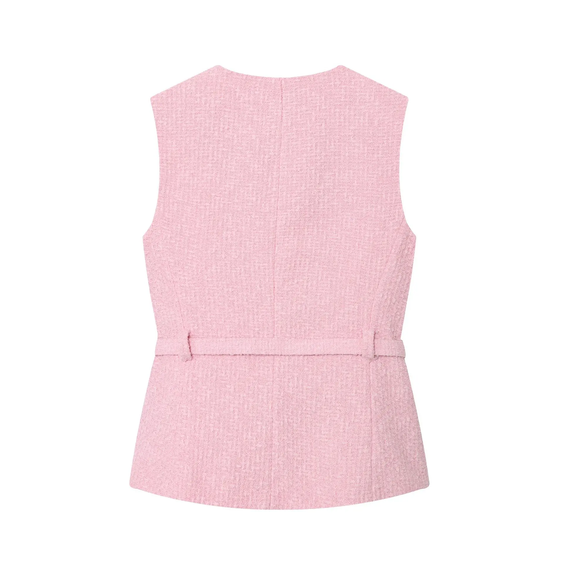 New Pink Sleeveless Round Neck Four Buttons Flap Pocket Belt Waist Tying Coarse Imitation Coat Women Temperament Fashion Style