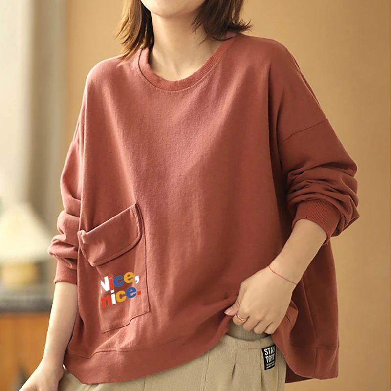 

Autumn Loose Women Sweatshirt Letter Print Pocket Casual Cotton Korean Style Long Sleeve Tops Fashion O-Neck Simple Pullovers