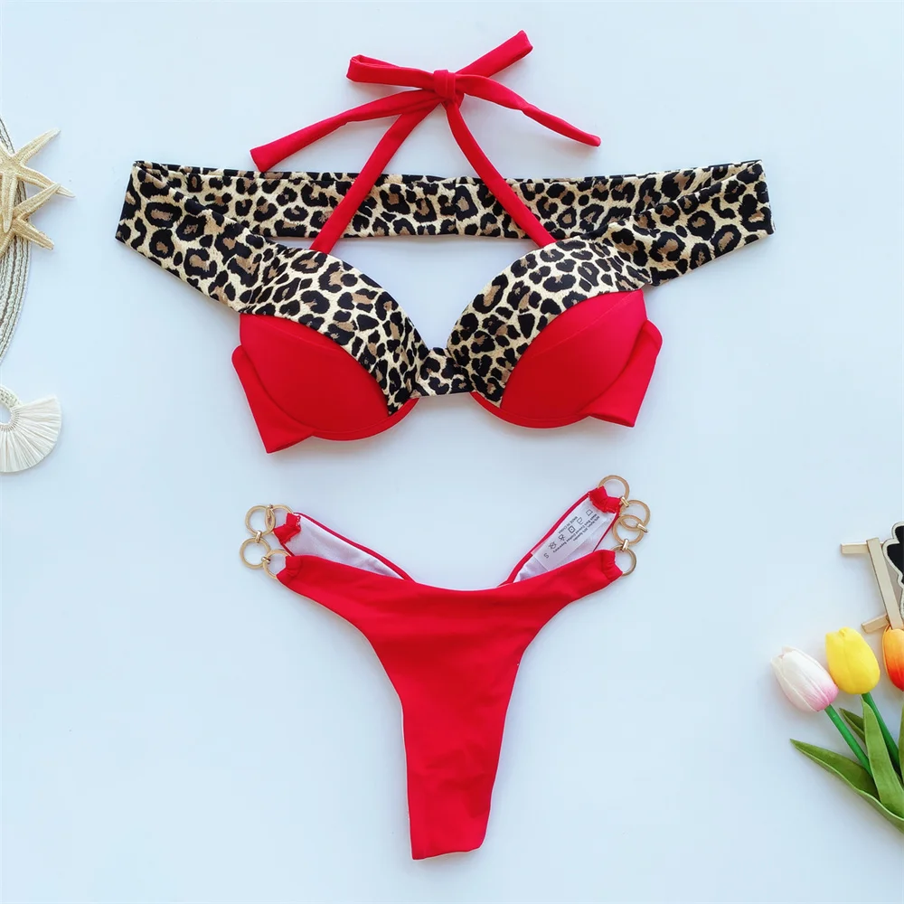 

Sexy Leopard Off Shoulder Bikini Backless Bandage Halter Knotted Swimsuit Chains Thongs Swimwear Women Beach Outfit Bathing Suit