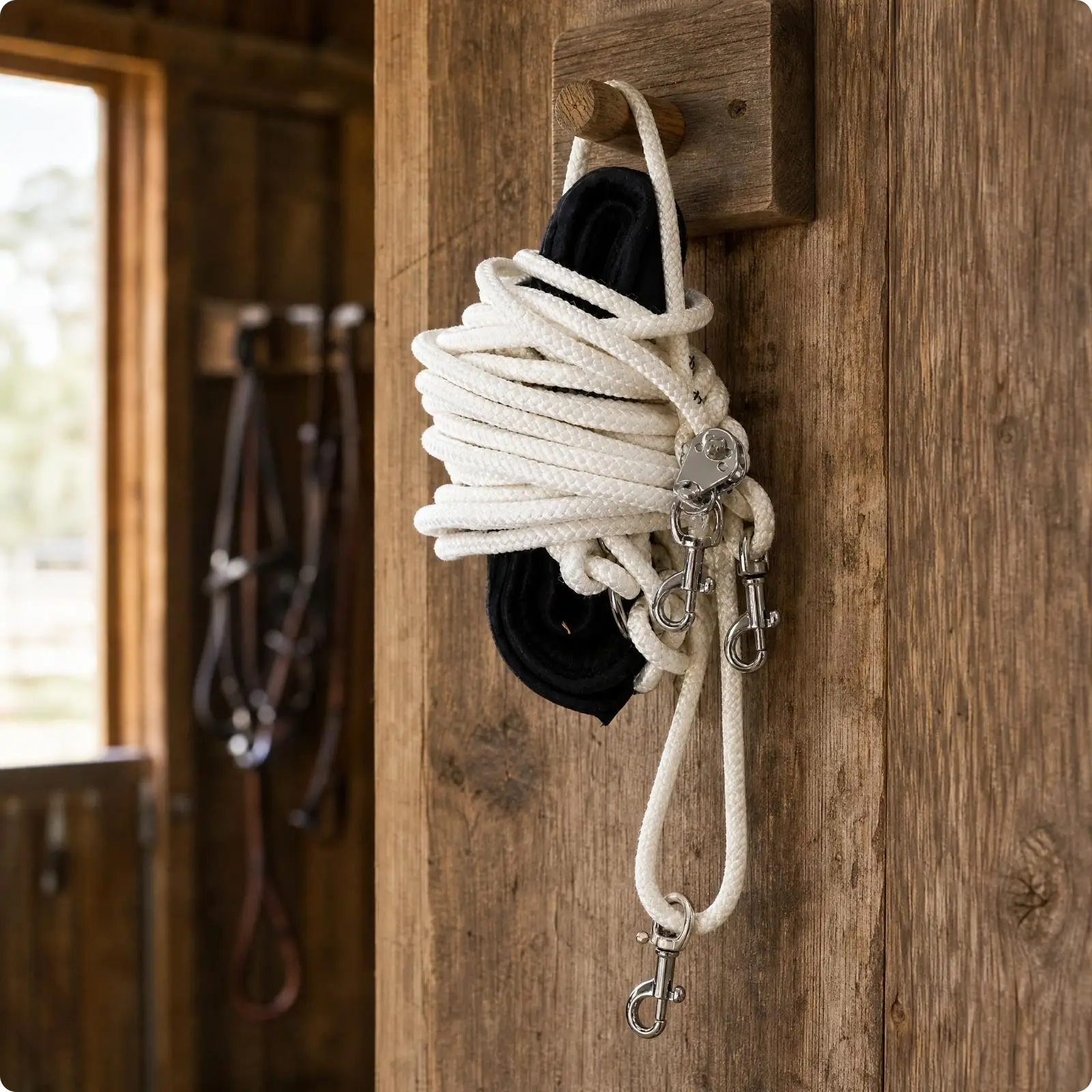 Braided Horse Training Rope with Padded Grip Quick-Clip Pulley Lock Horse Lead Rope with Snap Hooks for Equestrians