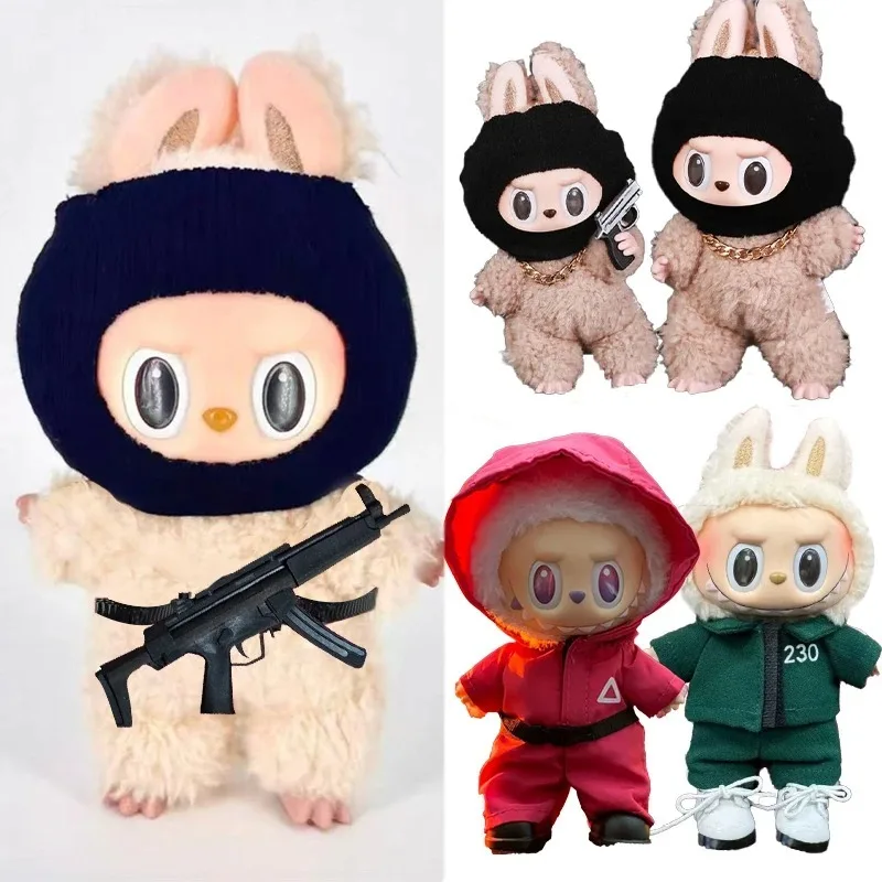 

Для куклы Labubu, имитация золотого ожерелья, черная маска, одежда для ушей, корейский комбинезон Kpop Squid, комплект одежды для косплея, аксессуары