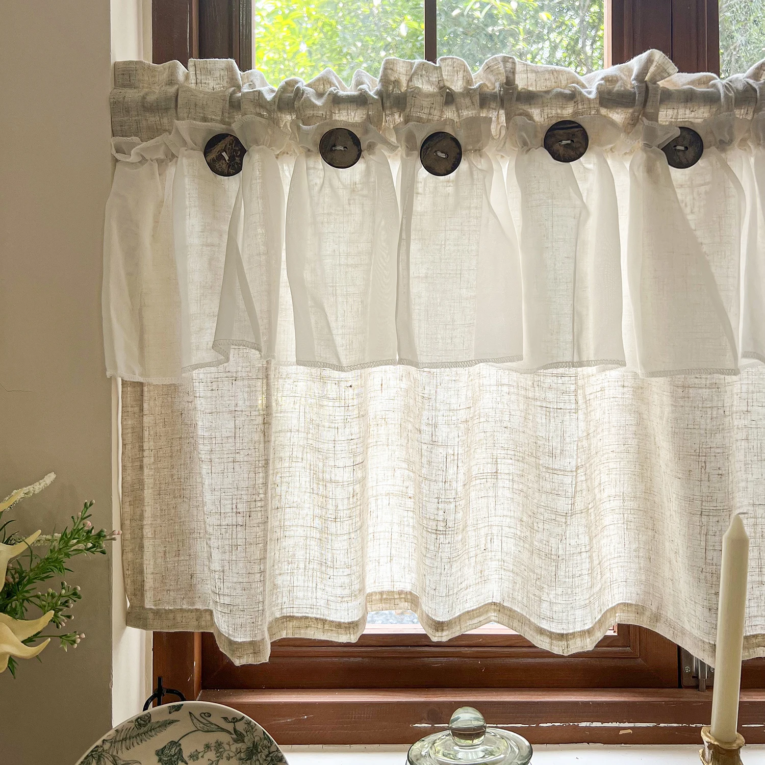 Countryside Double-layer Pleated Small Curtains For Kitchen,With Button Design Cafe Style Half Curtain,Affordable Linen Curtains