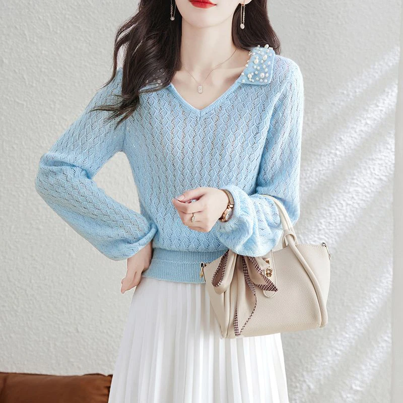 Korean Fashion Beading Lapel Knitted Blouse Women Clothing Autumn Winter Commuter All-match Solid Color V-Neck Long Sleeve Shirt