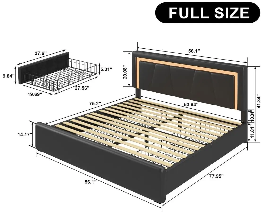 Full Upholstered Platform Bed with 4 Drawers & Adjustable Headboard, LED & USB, Wooden Slats, Faux Leather,  Customized
