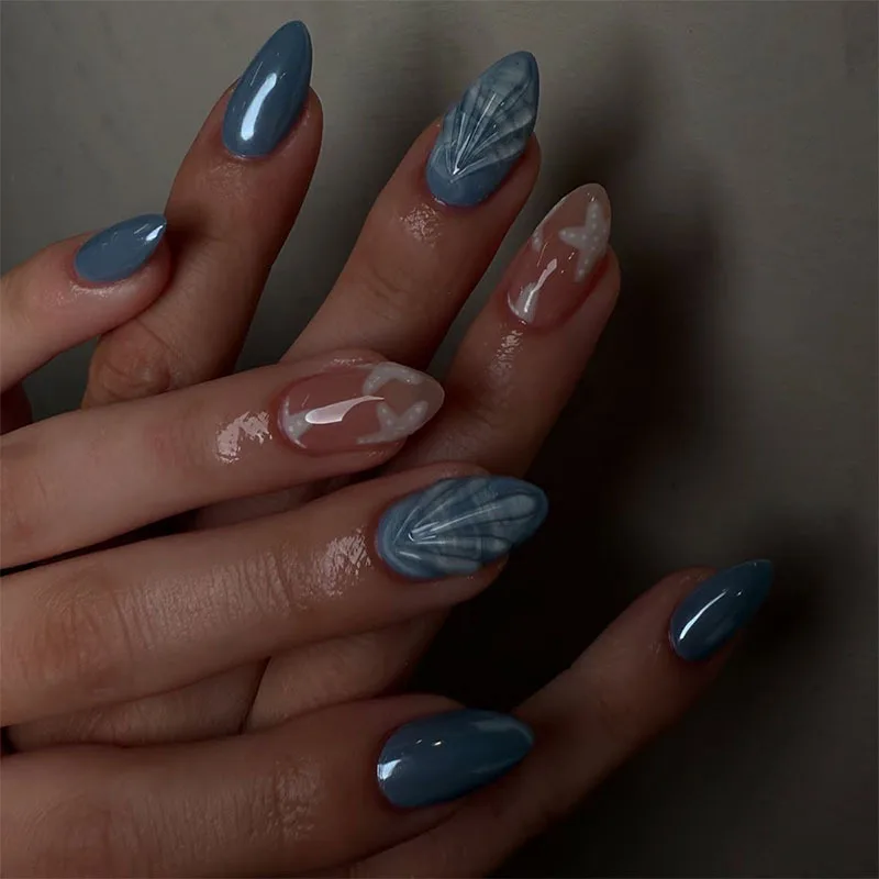 

24Pcs Mid-length Almond Fake Nails with Simple Starfish Design Press on False Nails Detachable Artificial Full Cover Nails Tips