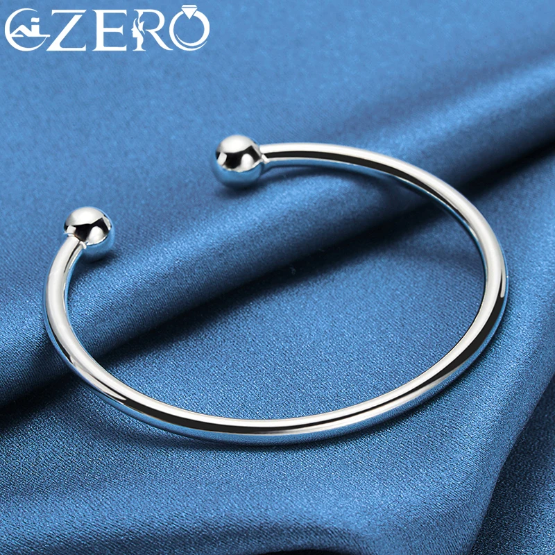 ALIZERO 925 Sterling Silver Solid Double Beads Cuff Bangle Bracelet For Women Man Wedding Engagement Party Jewelry Accessories