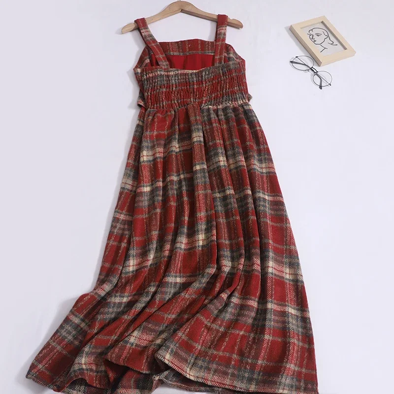 Hikigawa Vintage French Women Woolen Straps Dresses Spring Casual All Match Plaid Elegant Slim Waist Maxi Vestidos Mujer