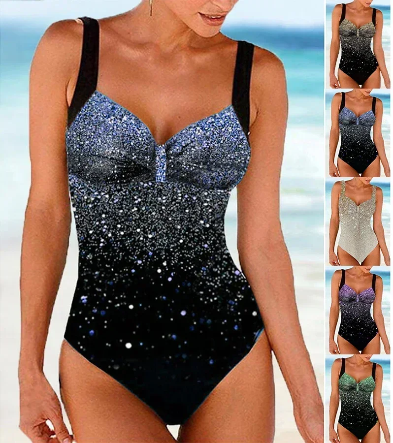 

Women's Beachwear Glitter Printed Halter Women's Tankini Swimsuit Hanging Neck One Piece Sexy Beachwear S-3XL