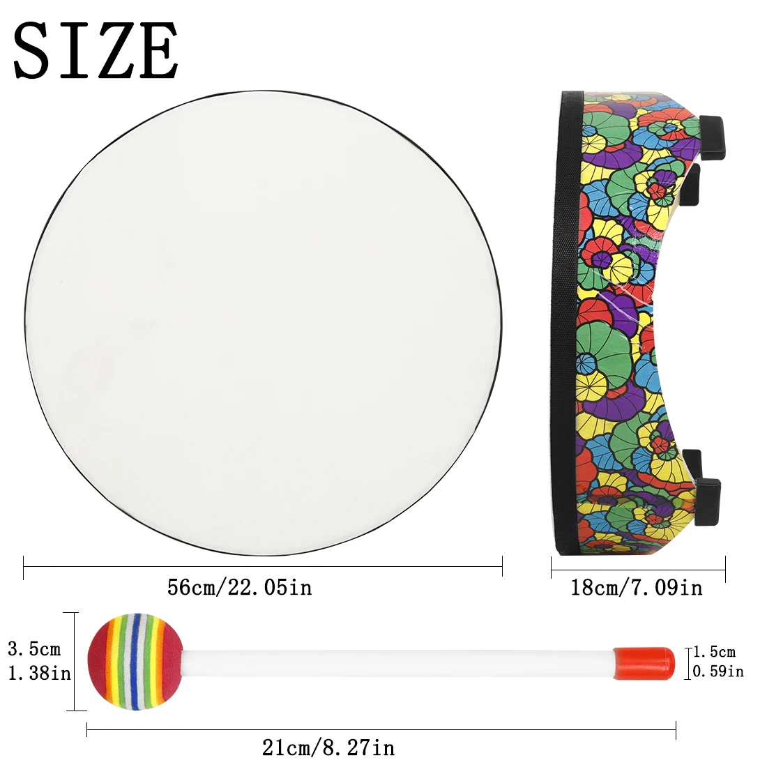 

J199 Барабан Орфа 22 × 7 дюймов, деревянные красочные наклейки, кольцо для барабана, наземный барабан из овчины, ударный инструмент с барабанной палочкой