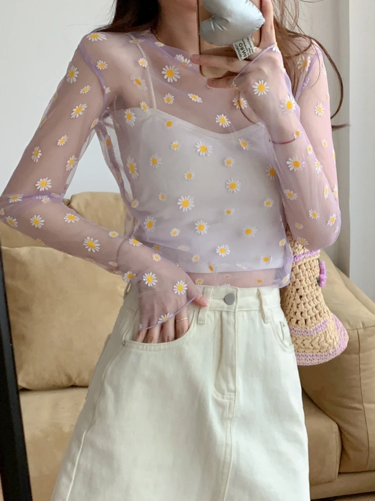 Colorfaith BL6006DG New 2023 Little Daisy Shirts Transparent Vintage Floral Fashion Elegant Women Spring Summer Blouses Tops