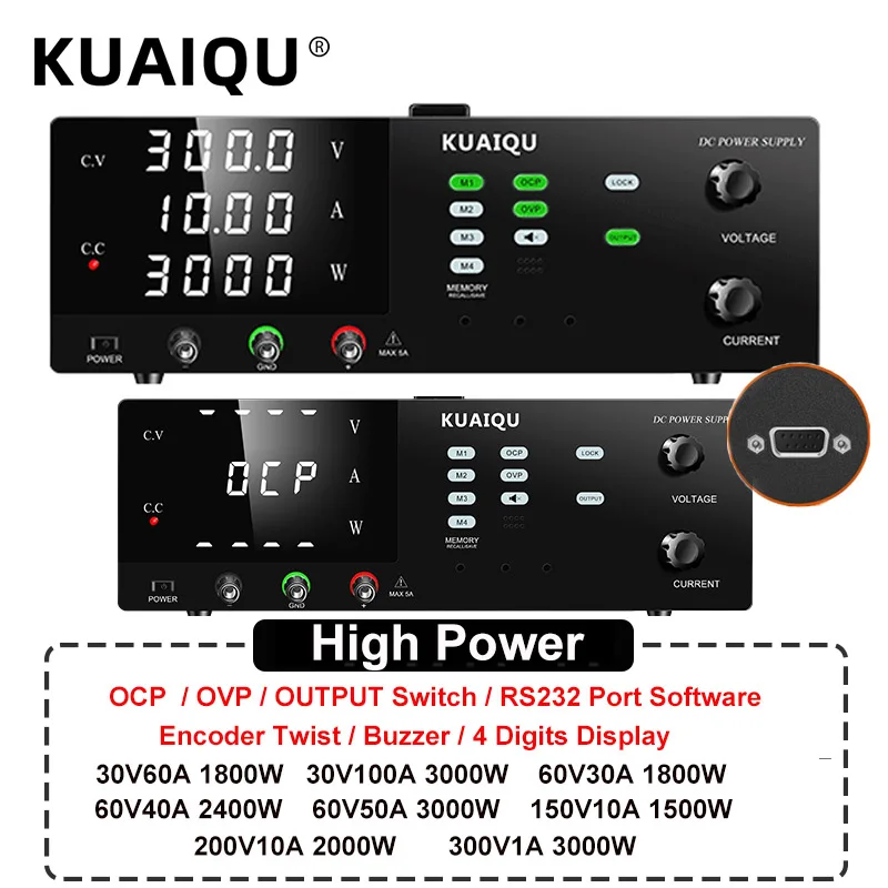 KUAIQU 3000W High Power DC Bench Power Supply Adjustable 150V 200V 300V 10A ,60V 30A 40A 50A, 30V 10A 20A 30A 100A,With OCP OVP