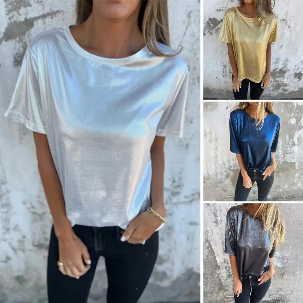 Women T-shirt Stylish Round Neck Summer Top With Short Sleeves Glossy Surface For Daily Wear Date Nights Parties Stretchy Top