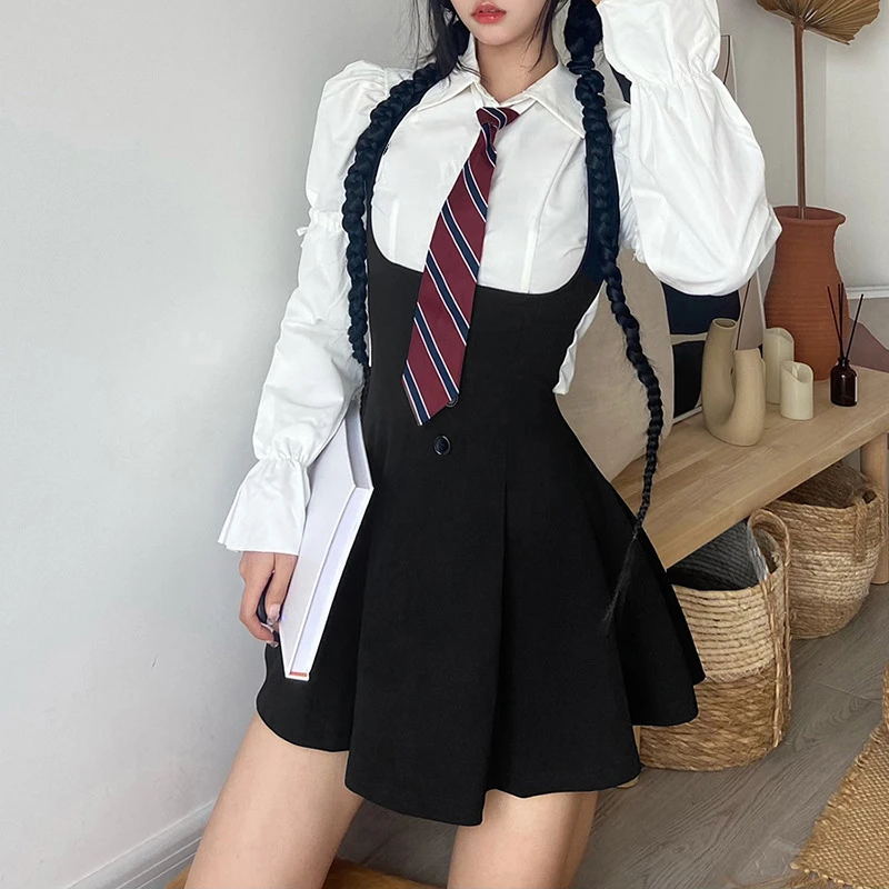 Colégio Estilo Preppy Estilo Americano Picante Meninas JK Uniforme Vestido Terno Verão Preto Fino Uniforme Conjunto Camisa Branca Bishop Sleeve