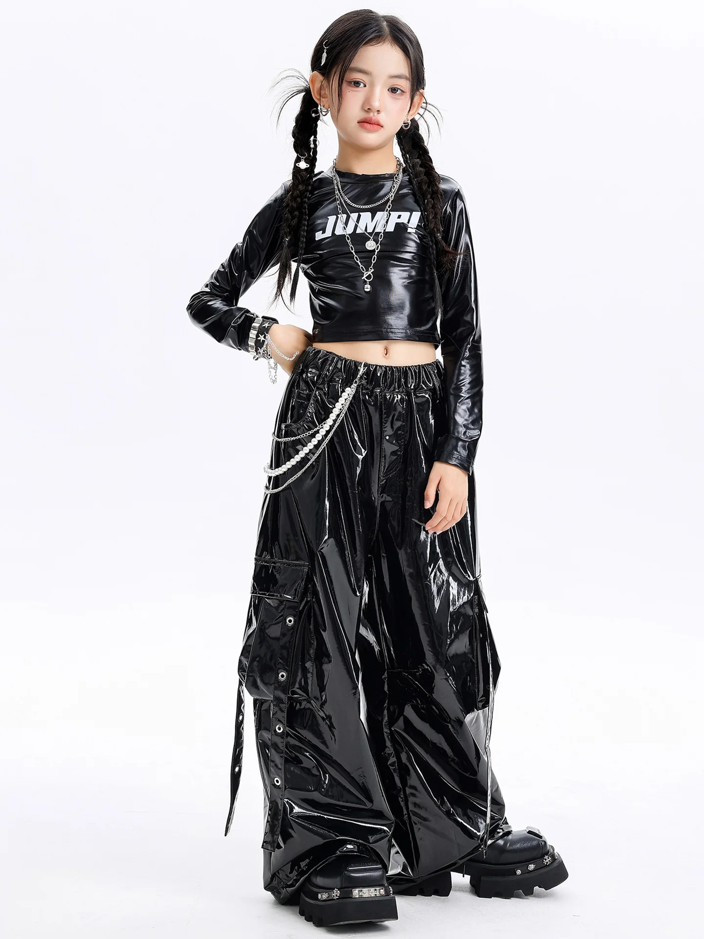 2025 Ragazze Cool Hip Hop Costume di Ballo Maniche Lunghe Nero Top Pantaloni Vestito di Pelle Kpop Jazz Dance Performance Abbigliamento BL17684