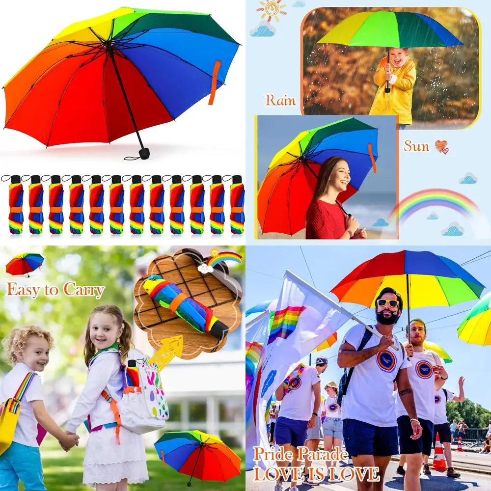 

Rainbow Pride Umbrella - 12 Panel Portable Tri-Fold Windproof Compact Travel Beach Wedding Party