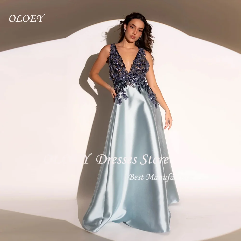 OLOEY ชุดเดรสสายเดี่ยวสีฟ้า ชุดเดรสทางการ คอวีลึก ชุดเดรสสำหรับงานแต่งงาน ประดับลูกไม้ ชุดเดรสสำหรับโอกาสพิเศษ สามารถสั่งตัดได้
